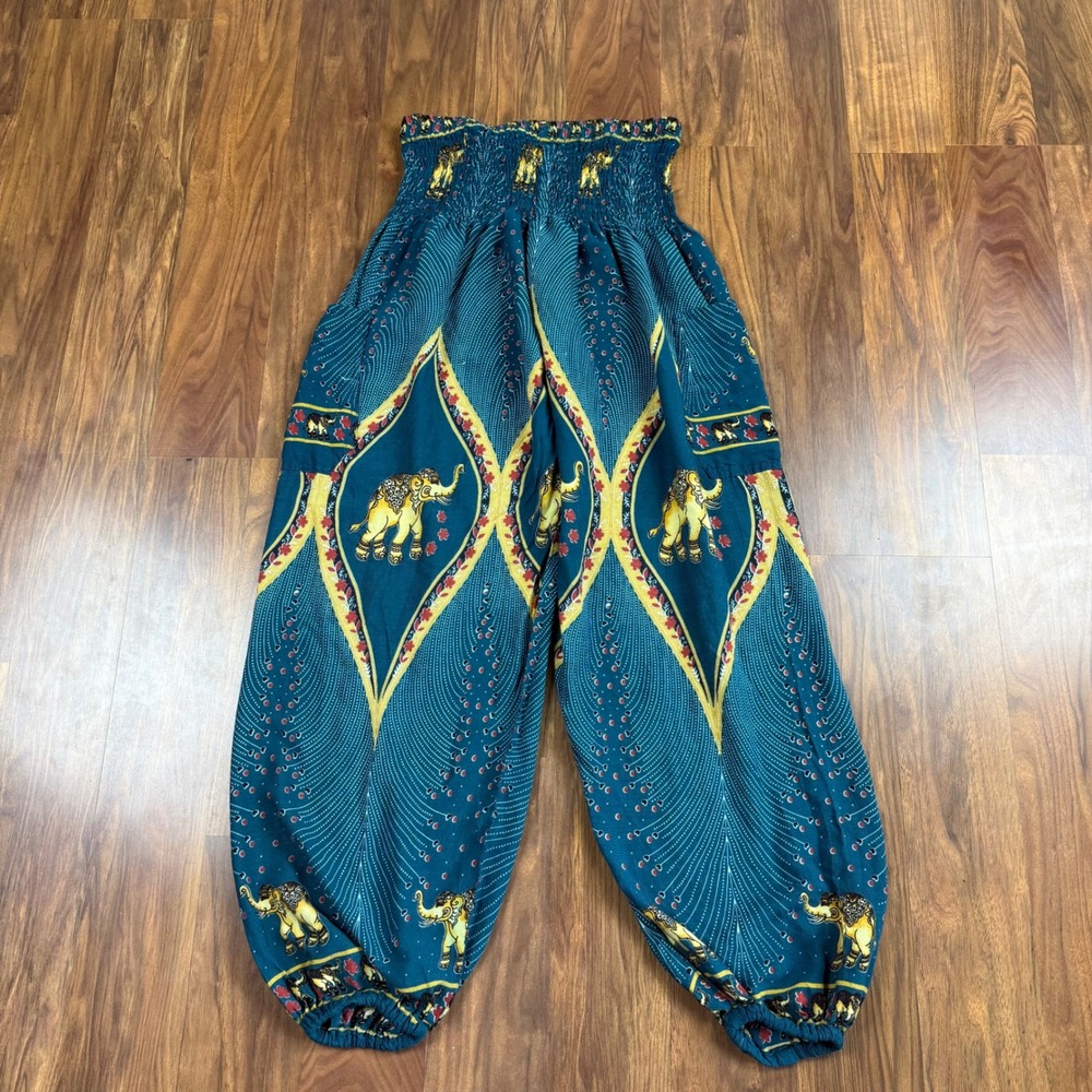 The Elephant Pants Teal Gold Elephant Print Smocked Harem Yoga Pants Large